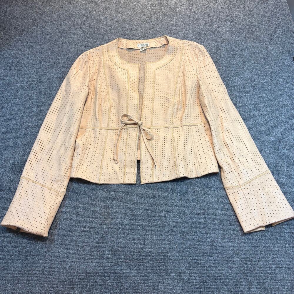 J'Envie Tan Perforated Leather Open Front Jacket Blazer Tie Accent Womens Large